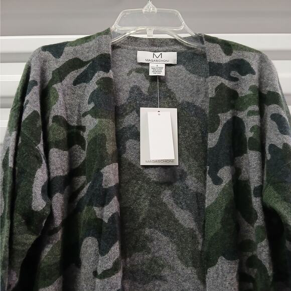 Magaschoni 100% Cashmere Cardigan Women's Medium Gray Green Camo Acubi Sweater - Picture 6 of 10